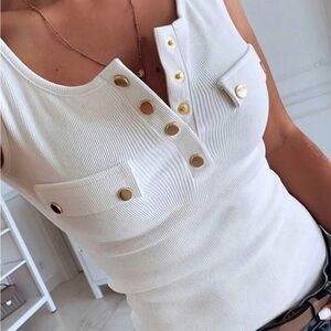 White Tank Top with Gold Button Accents